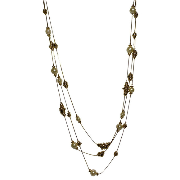 Vintage 70s Multi Strand Faux Pearl Gold Tone Bangle Beads Multi Chain Necklace - Picture 2 of 5